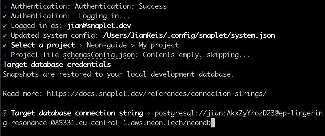 Snaplet CLI config - providing the Neon database string